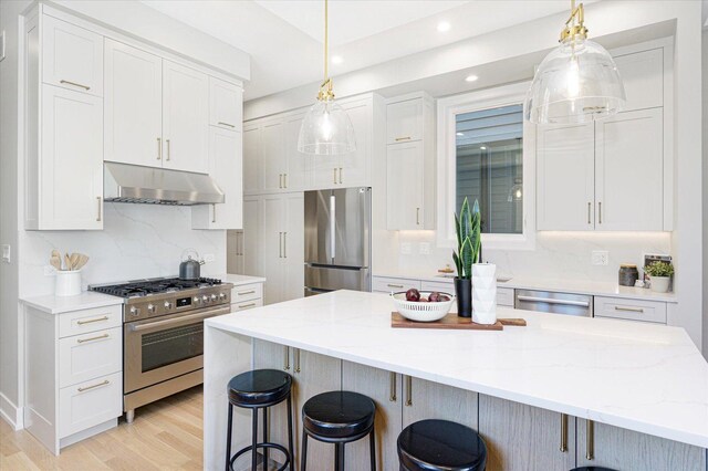1636 W Wolfram St, Chicago, IL 60657 - kitchen featuring under cabinet range hood, appliances with stainless steel finishes, decorative backsplash, white cabinetry, and recessed lighting