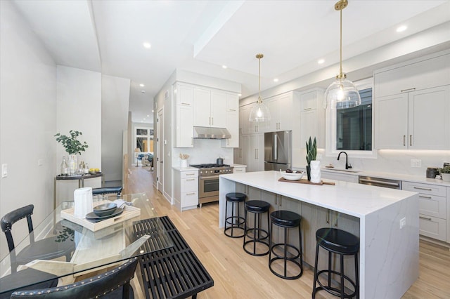 1636 W Wolfram St, Chicago, IL 60657 - kitchen with stainless steel appliances, a kitchen breakfast bar, under cabinet range hood, backsplash, and a sink