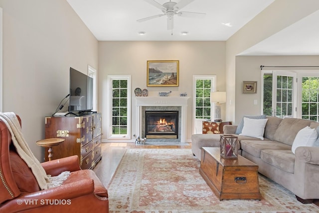 13922 Steepleview Ln, Lemont, IL 60439 - living area featuring ceiling fan, a fireplace, and wood finished floors