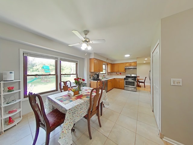 4400 Waubansie Ln, Lisle, IL 60532 - dining room featuring a ceiling fan, light tile patterned floors, and recessed lighting