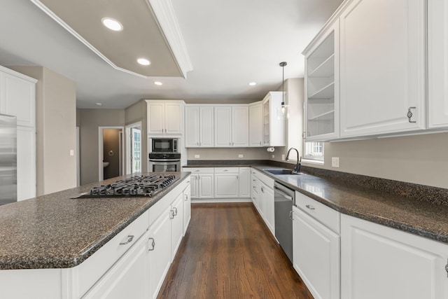 499 Waubonsee Cir, Oswego, IL 60543 - kitchen featuring appliances with stainless steel finishes, a sink, dark wood finished floors, recessed lighting, and white cabinetry