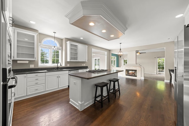 499 Waubonsee Cir, Oswego, IL 60543 - kitchen with dark countertops, ceiling fan, open floor plan, dark wood-style flooring, and healthy amount of natural light