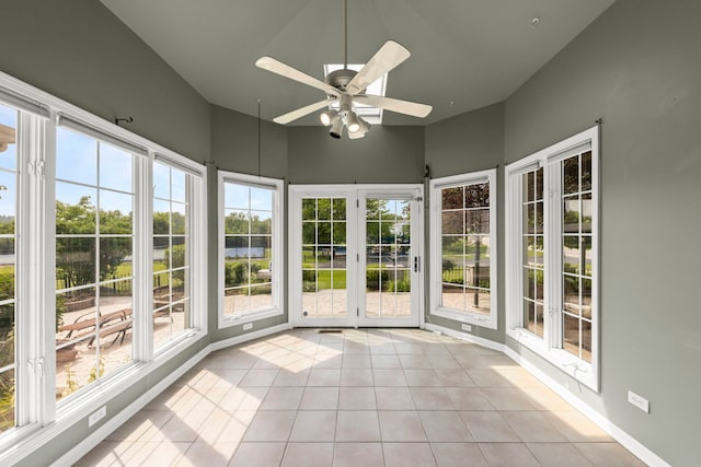 499 Waubonsee Cir, Oswego, IL 60543 - unfurnished sunroom with ceiling fan, tile patterned flooring, plenty of natural light, and french doors