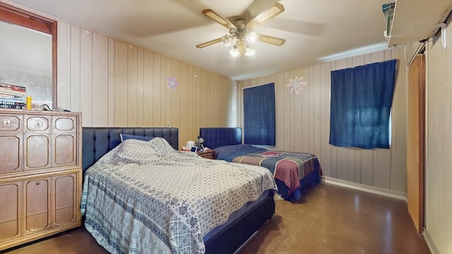 6522 N Sacramento Ave, Chicago, IL 60645 - bedroom with baseboards, ceiling fan, and wooden walls