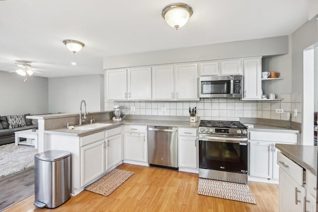 4801 Bordeaux Dr, Lake In The Hills, IL 60156 - kitchen featuring stainless steel appliances, a sink, a peninsula, open floor plan, and a ceiling fan