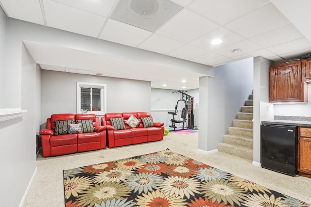 4801 Bordeaux Dr, Lake In The Hills, IL 60156 - carpeted living area featuring stairs, baseboards, a paneled ceiling, and recessed lighting