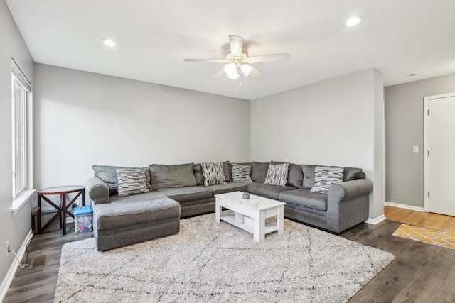4801 Bordeaux Dr, Lake In The Hills, IL 60156 - living area with ceiling fan, baseboards, dark wood-style floors, and recessed lighting