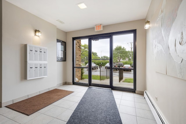 2642 N Windsor Dr Unit 102, Arlington Heights, IL 60004 - doorway to outside with baseboard heating, mail area, light tile patterned floors, and baseboards