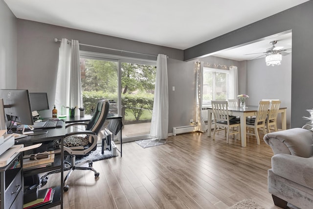 2642 N Windsor Dr Unit 102, Arlington Heights, IL 60004 - office featuring a baseboard radiator, wood finished floors, a ceiling fan, and baseboards