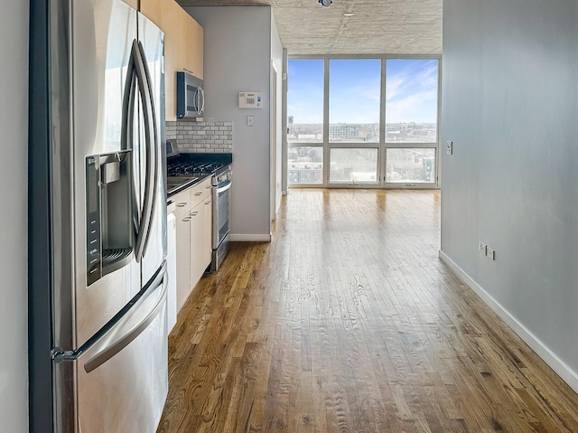 1845 S Michigan Ave Unit 1602, Chicago, IL 60616 - kitchen with stainless steel appliances, a wall of windows, wood finished floors, backsplash, and dark countertops