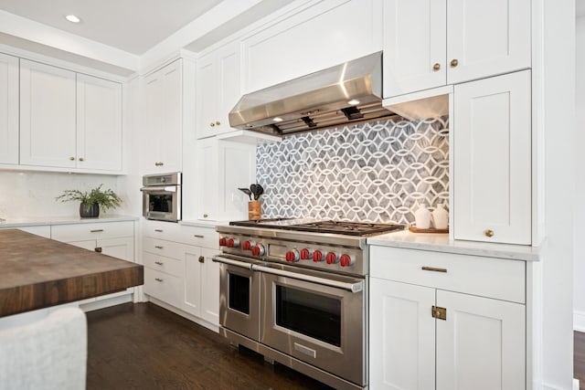 1307 W Wrightwood Ave Unit 201, Chicago, IL 60614 - kitchen featuring appliances with stainless steel finishes, range hood, backsplash, white cabinets, and recessed lighting