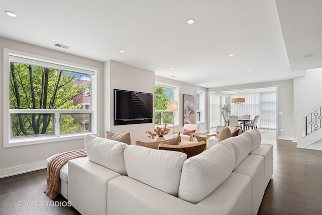 1307 W Wrightwood Ave Unit 201, Chicago, IL 60614 - living area with dark wood-style flooring and recessed lighting