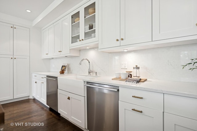 1307 W Wrightwood Ave Unit 201, Chicago, IL 60614 - kitchen featuring stainless steel dishwasher, white cabinetry, glass insert cabinets, and recessed lighting