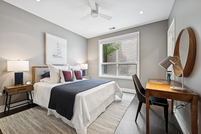 1307 W Wrightwood Ave Unit 201, Chicago, IL 60614 - bedroom with wood finished floors, recessed lighting, a desk, and a ceiling fan