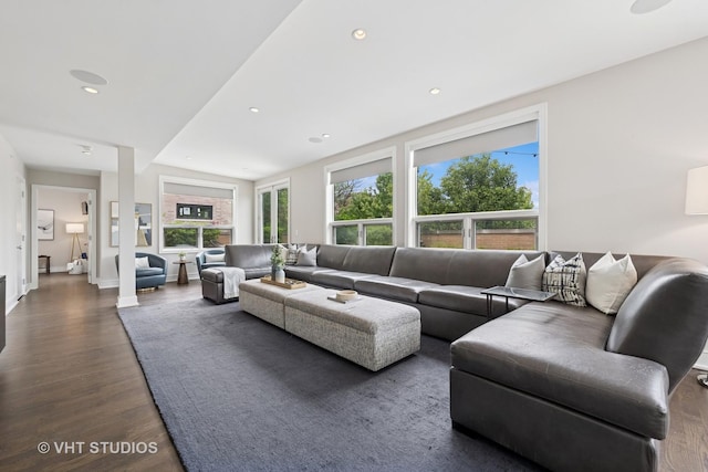 1307 W Wrightwood Ave Unit 201, Chicago, IL 60614 - living area featuring dark wood-style flooring and recessed lighting
