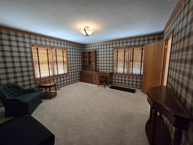 210 S Ridge St, Shannon, IL 61078 - living area with wallpapered walls, crown molding, and carpet