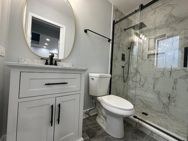 7729 W 157th Pl, Orland Park, IL 60462 - full bath featuring toilet, a marble finish shower, marble look tile flooring, vanity, and baseboards