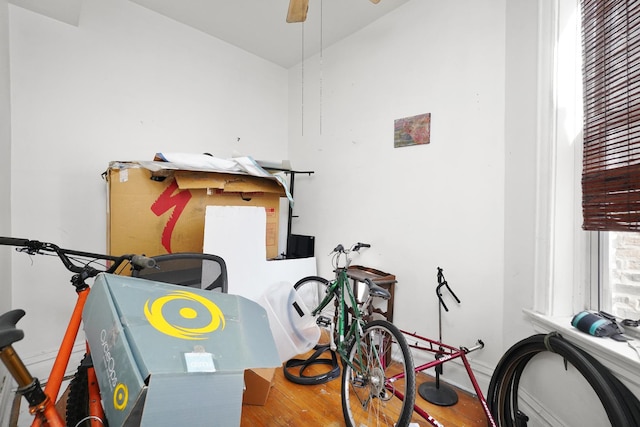 1518 N Kedzie Ave, Chicago, IL 60651 - exercise room featuring wood finished floors, ceiling fan, and baseboards