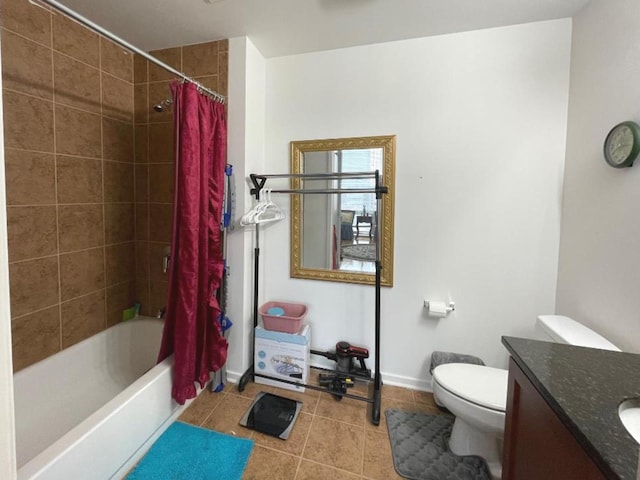 full bath with tile patterned floors, vanity, toilet, shower / bath combo with shower curtain, and baseboards