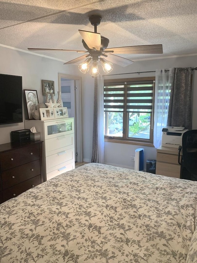 6430 W Belle Plaine Ave Unit 202, Chicago, IL 60634 - bedroom featuring a textured ceiling, a ceiling fan, and crown molding