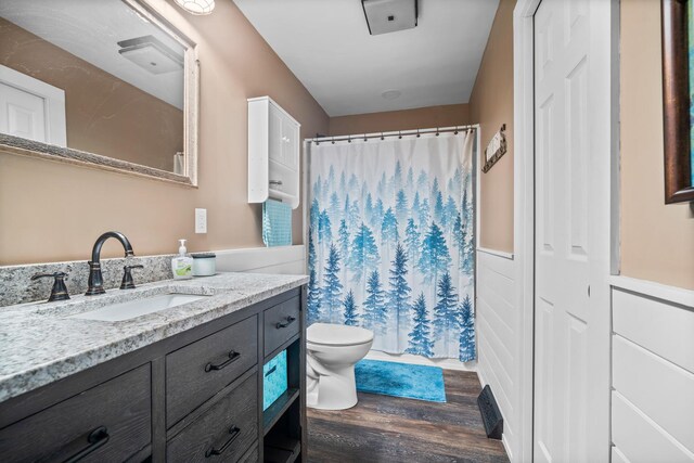 211 S E St, Hudson, IL 61748 - bathroom with toilet, vanity, wood finished floors, and a shower with curtain