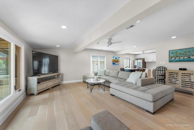 1599 Lowe Dr, Algonquin, IL 60102 - living area with light wood-type flooring, recessed lighting, baseboards, a ceiling fan, and beamed ceiling