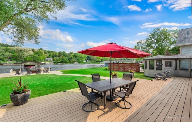 1599 Lowe Dr, Algonquin, IL 60102 - wooden deck with a water view, a gazebo, outdoor dining area, and a yard