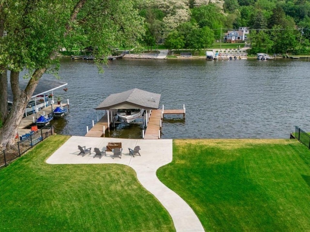 1599 Lowe Dr, Algonquin, IL 60102 - dock featuring boat lift, a water view, and a patio