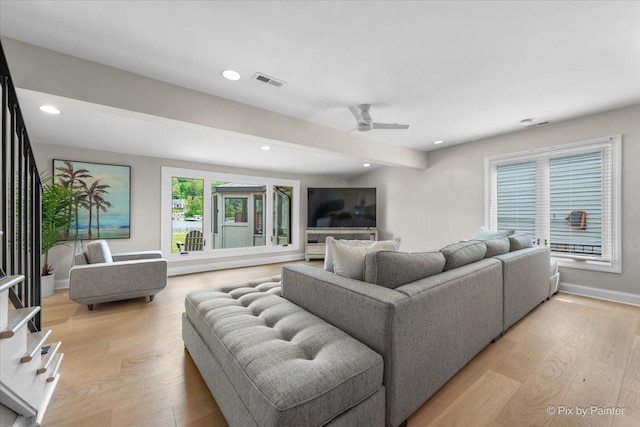 1599 Lowe Dr, Algonquin, IL 60102 - living area featuring light wood finished floors, a ceiling fan, recessed lighting, baseboards, and beamed ceiling