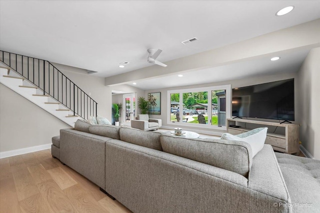 1599 Lowe Dr, Algonquin, IL 60102 - living room with light wood-type flooring, stairs, recessed lighting, a ceiling fan, and baseboards