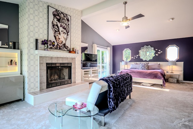 545 Delaware Dr, Lake In The Hills, IL 60156 - carpeted bedroom with a tiled fireplace, beam ceiling, ceiling fan, and high vaulted ceiling
