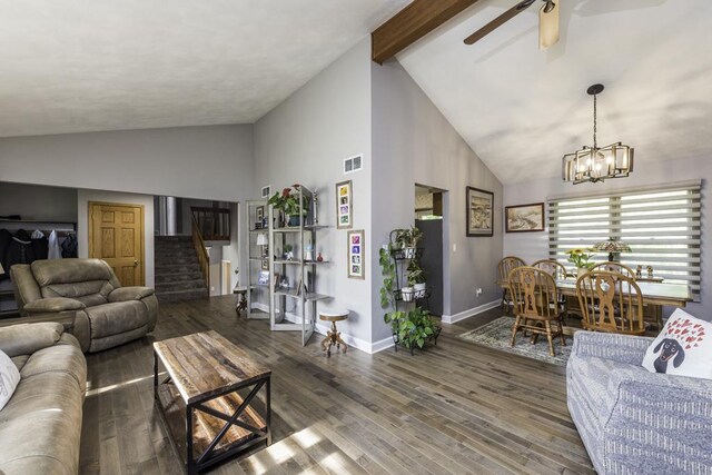 1401 Funderburk Dr, Winthrop Harbor, IL 60096 - living area featuring stairs, high vaulted ceiling, a chandelier, wood finished floors, and a ceiling fan