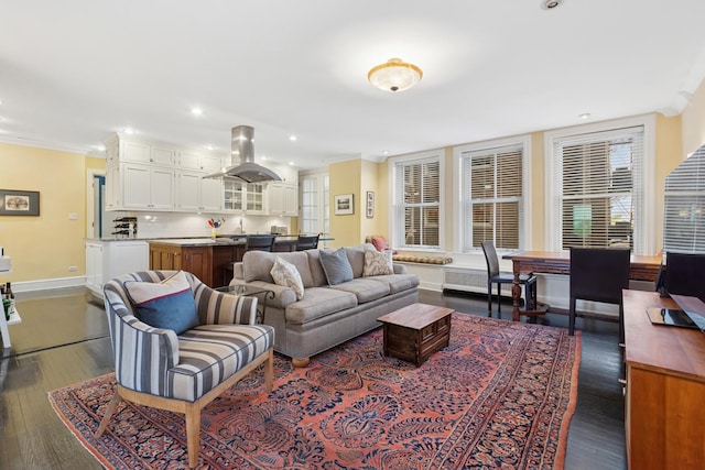 3500 N Lake Shore Dr Unit 5D, Chicago, IL 60657 - living room with dark wood-style flooring, ornamental molding, and recessed lighting