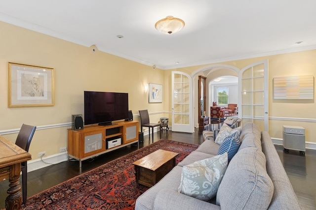 3500 N Lake Shore Dr Unit 5D, Chicago, IL 60657 - living room featuring french doors, wood finished floors, arched walkways, and crown molding