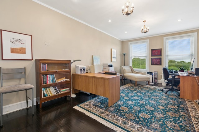 3500 N Lake Shore Dr Unit 5D, Chicago, IL 60657 - office space featuring a chandelier, dark wood-style flooring, crown molding, and recessed lighting