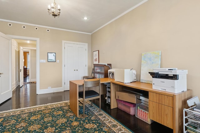 3500 N Lake Shore Dr Unit 5D, Chicago, IL 60657 - office featuring dark wood-type flooring, ornamental molding, a chandelier, and recessed lighting