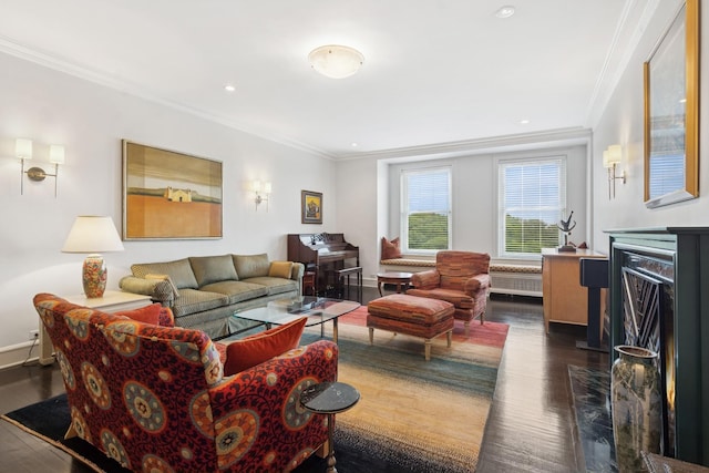3500 N Lake Shore Dr Unit 5D, Chicago, IL 60657 - living area with dark wood-style floors, crown molding, radiator heating unit, and recessed lighting
