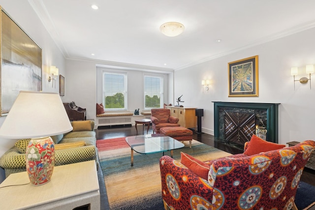 3500 N Lake Shore Dr Unit 5D, Chicago, IL 60657 - living room with crown molding, a high end fireplace, wood finished floors, and recessed lighting