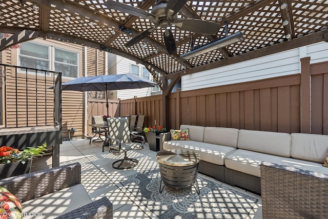 2319 W Shakespeare St, Chicago, IL 60647 - fenced backyard with an outdoor hangout area, a pergola, a ceiling fan, outdoor dining area, and a patio area