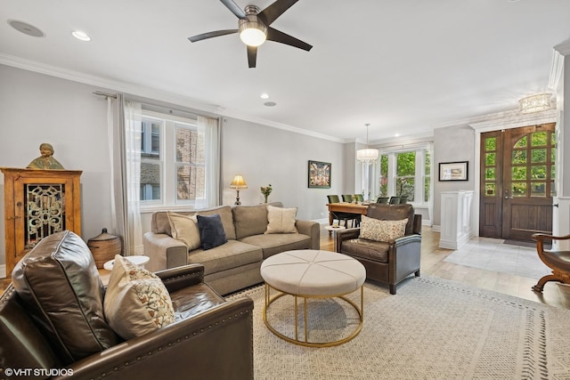 2319 W Shakespeare St, Chicago, IL 60647 - living room featuring ornamental molding, a ceiling fan, recessed lighting, light wood-style flooring, and baseboards