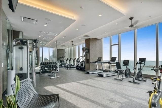 363 E Wacker Dr Unit 1602, Chicago, IL 60601 - gym with floor to ceiling windows and ceiling fan