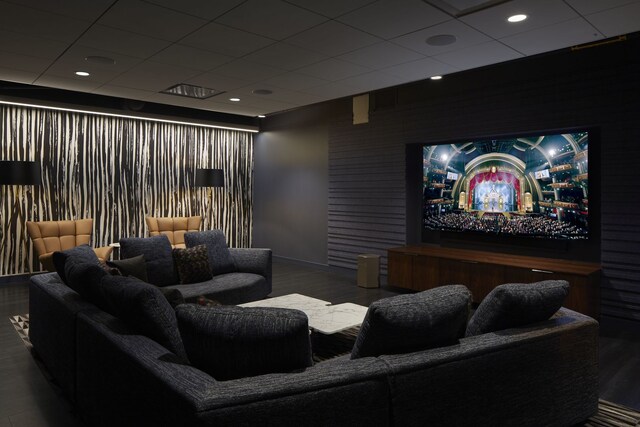 211 N Harbor Dr Unit 1404, Chicago, IL 60601 - home theater room featuring a paneled ceiling, baseboards, wood finished floors, and an accent wall
