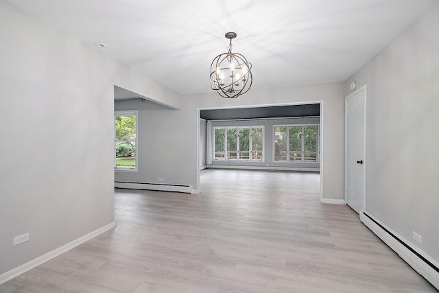 6231 W 127th Pl, Palos Heights, IL 60463 - unfurnished room with a baseboard radiator, a chandelier, light wood-type flooring, and a baseboard heating unit