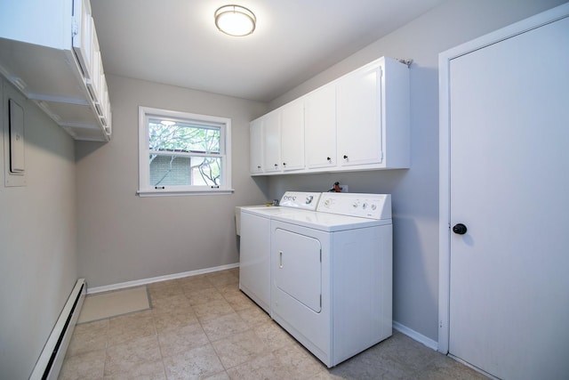 6231 W 127th Pl, Palos Heights, IL 60463 - laundry area featuring a baseboard radiator, washing machine and clothes dryer, and cabinet space