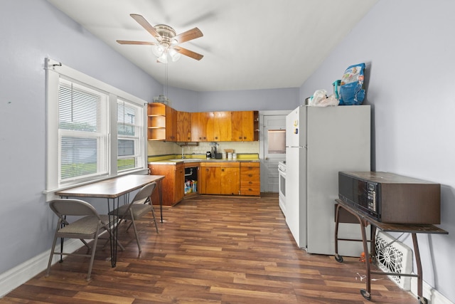 1207 Oakland Ave, Joliet, IL 60435 - kitchen with freestanding refrigerator, brown cabinets, open shelves, dark wood-type flooring, and black microwave
