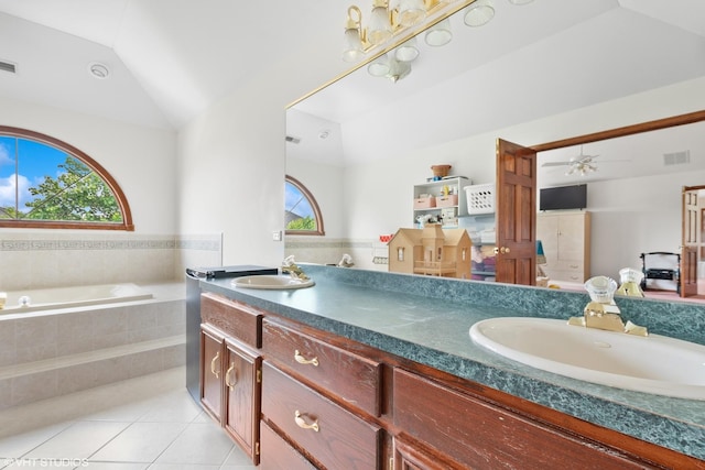 17935 Pheasant Lake Dr, Tinley Park, IL 60487 - bathroom with a garden tub, tile patterned floors, lofted ceiling, double vanity, and a ceiling fan