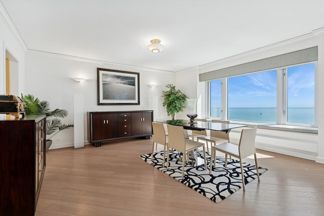 132 E Delaware Pl Unit 5504, Chicago, IL 60611 - dining room with crown molding, wood finished floors, baseboards, and a water view