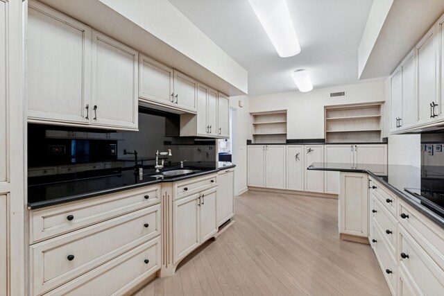132 E Delaware Pl Unit 5504, Chicago, IL 60611 - kitchen with open shelves, a sink, dark countertops, light wood-style flooring, and dishwasher