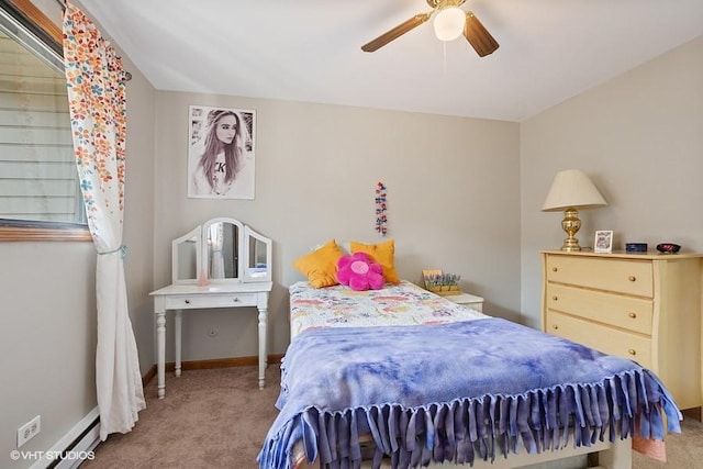 14747 Kenton Ave Unit 3B, Midlothian, IL 60445 - bedroom with carpet flooring, a baseboard heating unit, baseboards, and a ceiling fan
