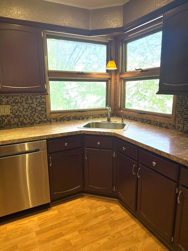 27616 W Rowe Ave, Spring Grove, IL 60081 - kitchen with dishwasher, a sink, backsplash, light wood finished floors, and dark brown cabinets